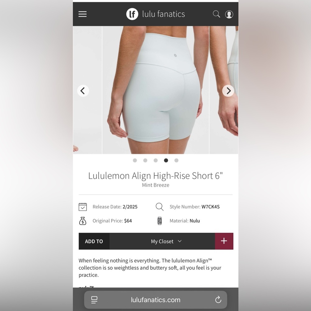 NWT Lululemon Align High-Rise Short 6"
Mint Breeze